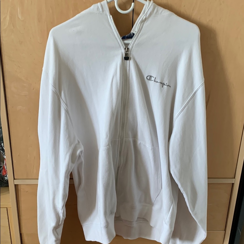 Champion White Zip-Up Sweater Classic Athletic Style